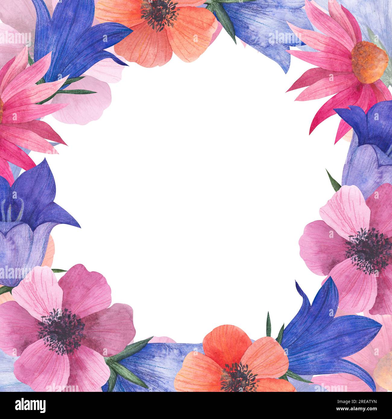 Aquarell Rahmen mit blumigen Wildblumen, Wildblumen, Bluebell Knospen, Anemonen, kosmea Blume, echinacea, Illustration im provence-Stil, mit Platz Stockfoto