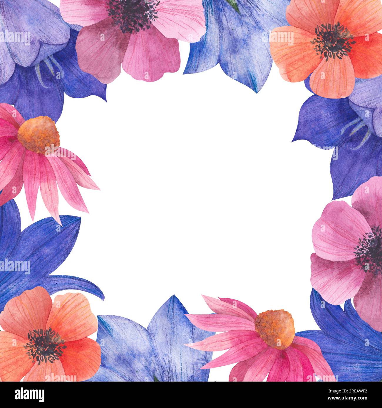 Aquarelle Kranz mit blumigen Wildblumen, Wildblumen, Bluebell-Knospen, Anemonen, kosmea-Blüten, echinacea, Illustration im provence-Stil, mit Platz Stockfoto