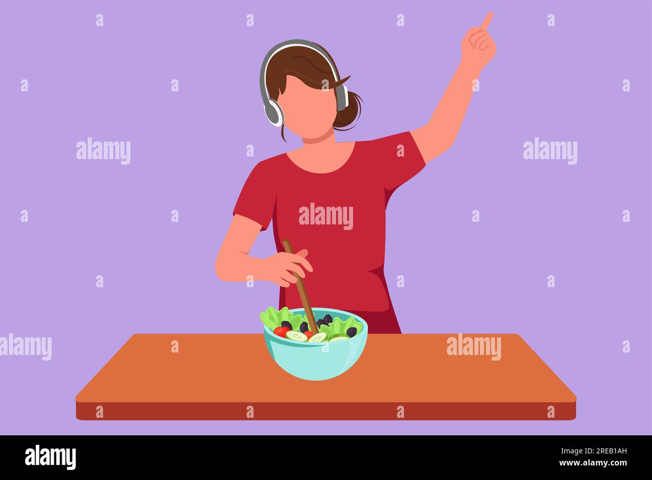 Flacher Cartoon, der eine wunderschöne Frau malt, die frischen Salat auf die Schüssel legt und Musik mit Kopfhörern in der Küche hört. Ich koche eine köstliche Mahlzeit. Vorbereiten Stockfoto