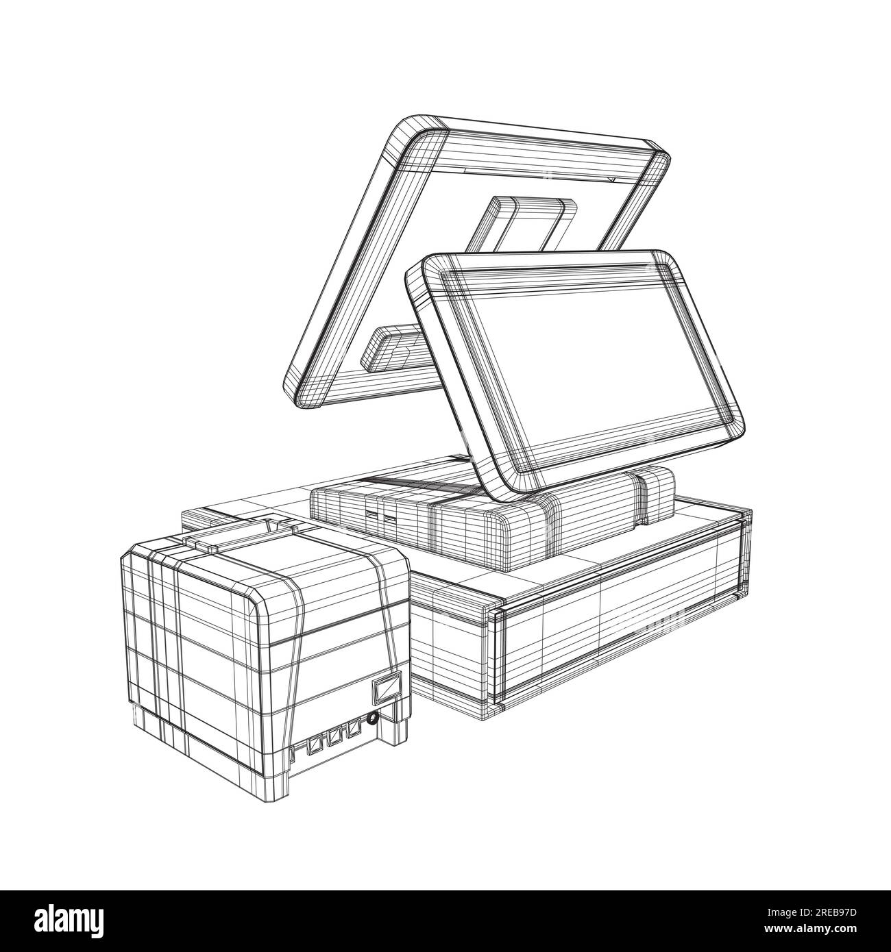 Drahtmodell der Kasse mit Barcode-Lesegerät, Kreditkartenleser und Belegdrucker. Geldautomat-Drahtmodell. Vektordarstellung. 3D. Stock Vektor