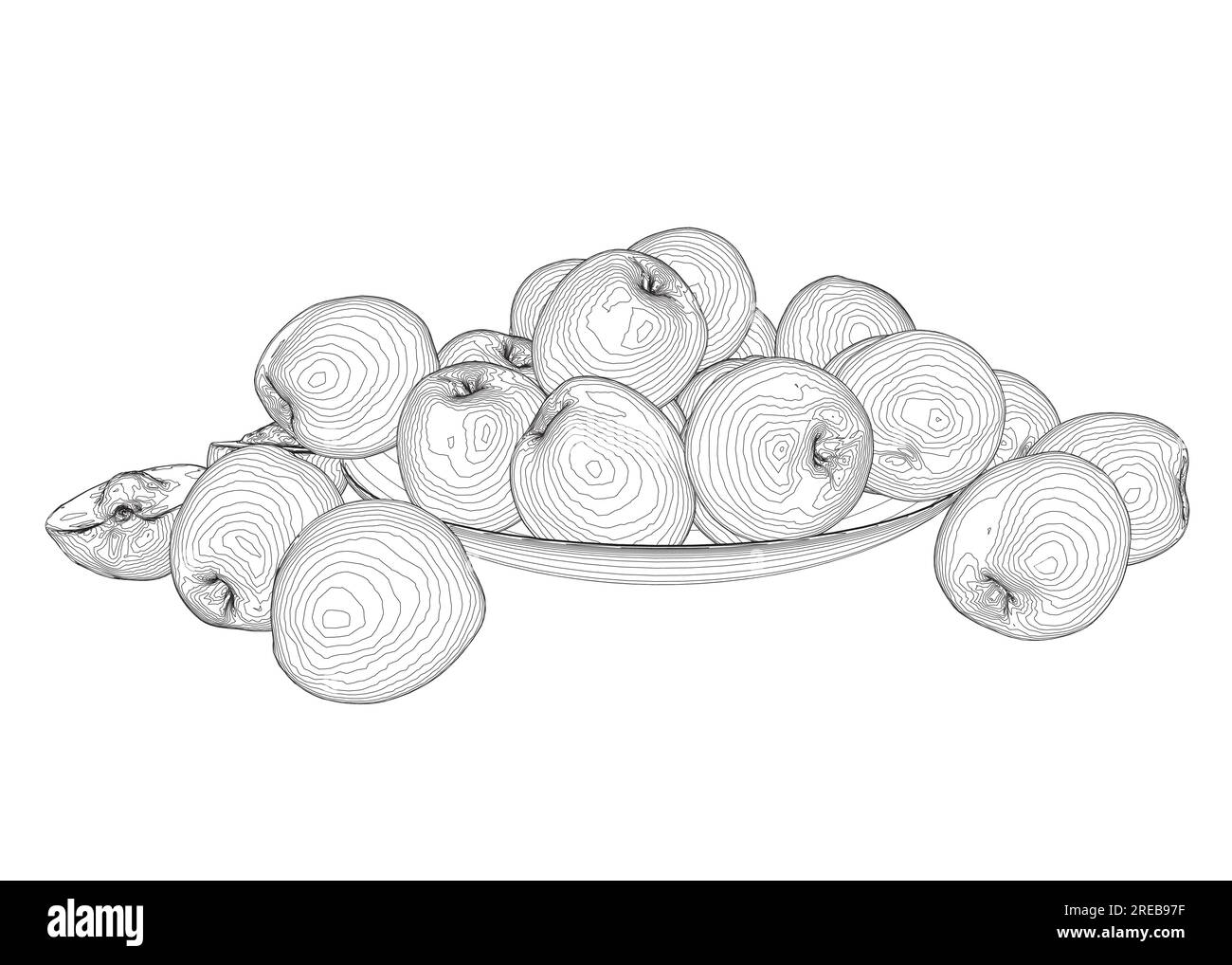 Vektordarstellung der Pfirsichfrucht auf dem Teller. Halb-, Scheiben- und ganze Form von Pfirsich, Nektarine, Aprikose, Apfel. Pfirsiche isoliert auf weißem Hintergrund. Fl Stock Vektor