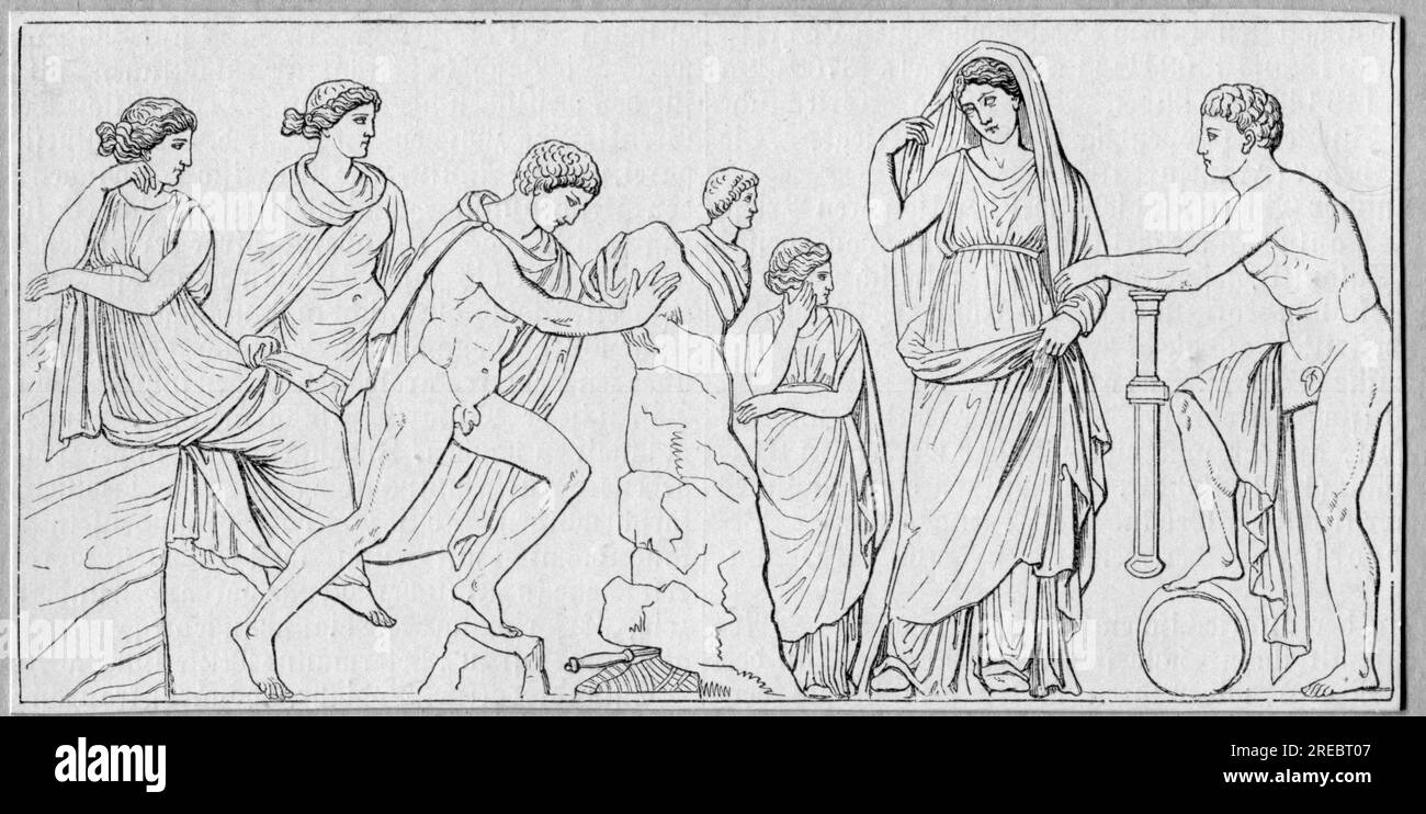 Theseus, griechischer mythologischer Held, König von Athen, und Aithra, Holzgravierung basierend auf Relief, ZUSÄTZLICHE-RECHTE-FREIGABE-INFO-NICHT-VERFÜGBAR Stockfoto