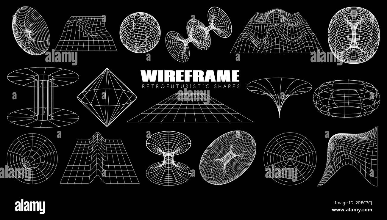 Drahtmodell – futuristische abstrakte Formen im Retro-Look. Vektorset aus geometrischen 3D-Kugeln, Perspektivenraster Stock Vektor