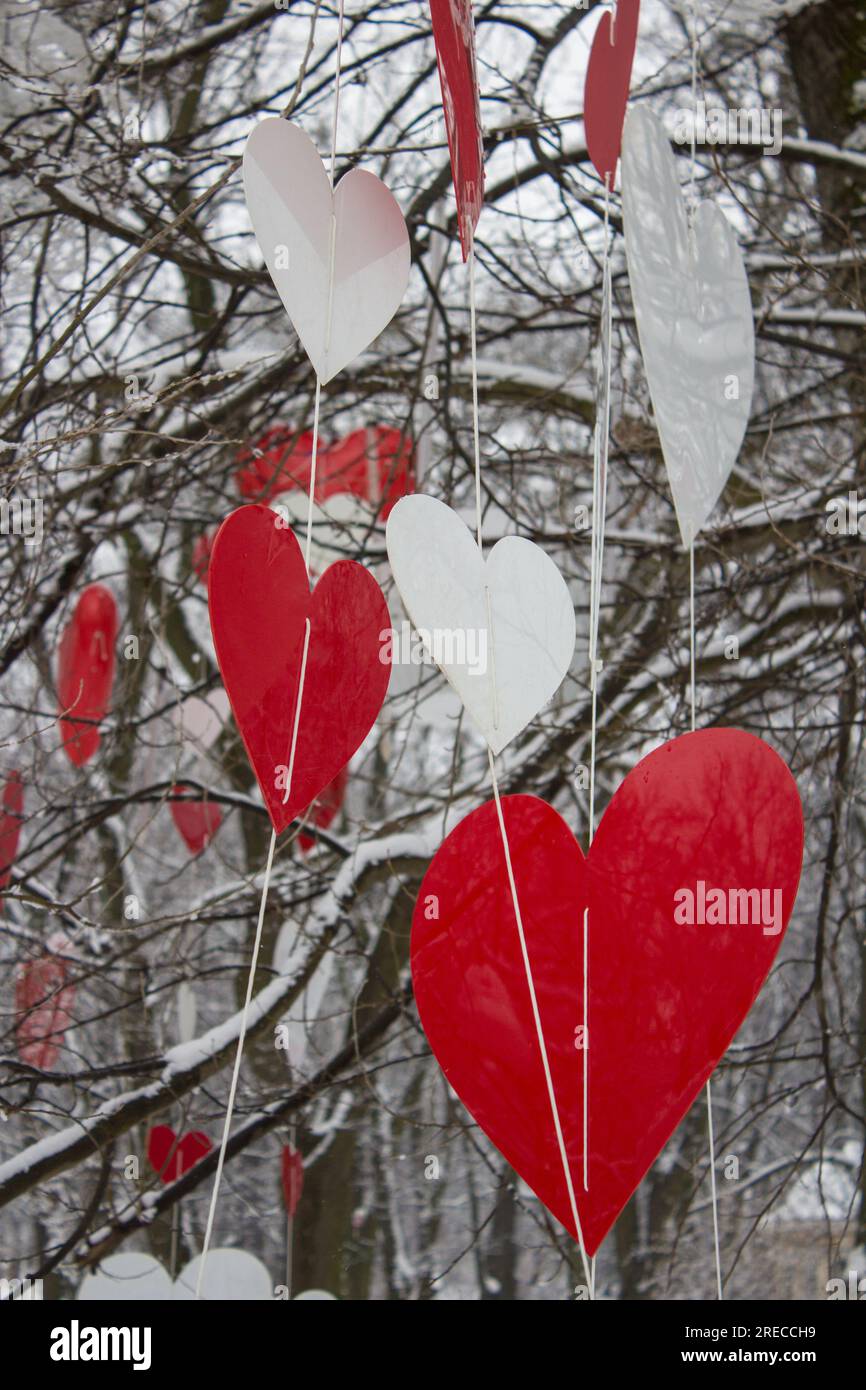 Geschmückte Bäume mit Herzen am Tag des heiligen valentins im Winter Stockfoto