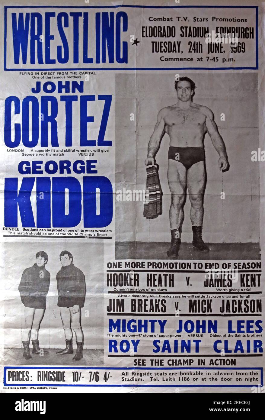 Werbeaktionen zu Combat TV Stars, Wrestling Poster, Eldorado Stadium, Edinburgh, Dienstag, 24. Juni 1969 - John Cortez, George Kidd Wrestlers Stockfoto