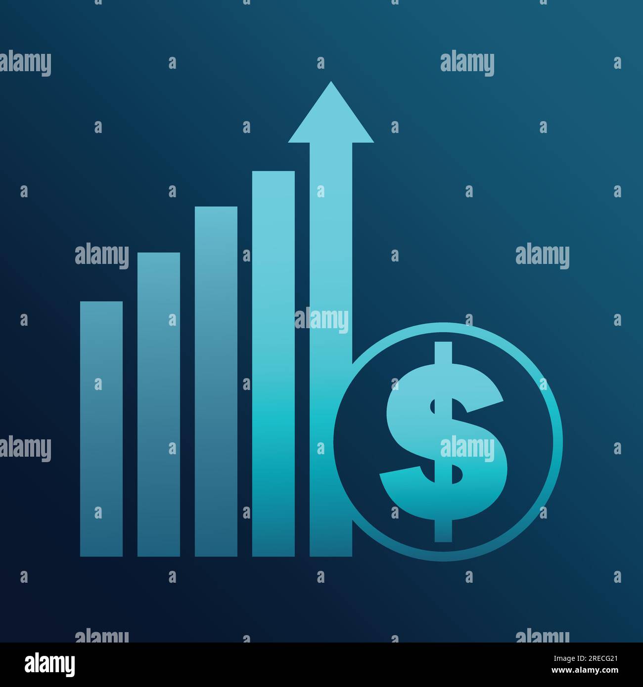 Geschäftsgrafik mit Symbol für mehr Geldwachstum, Fortschrittsmarketing auf blauem Hintergrund. Vektordarstellung Stock Vektor