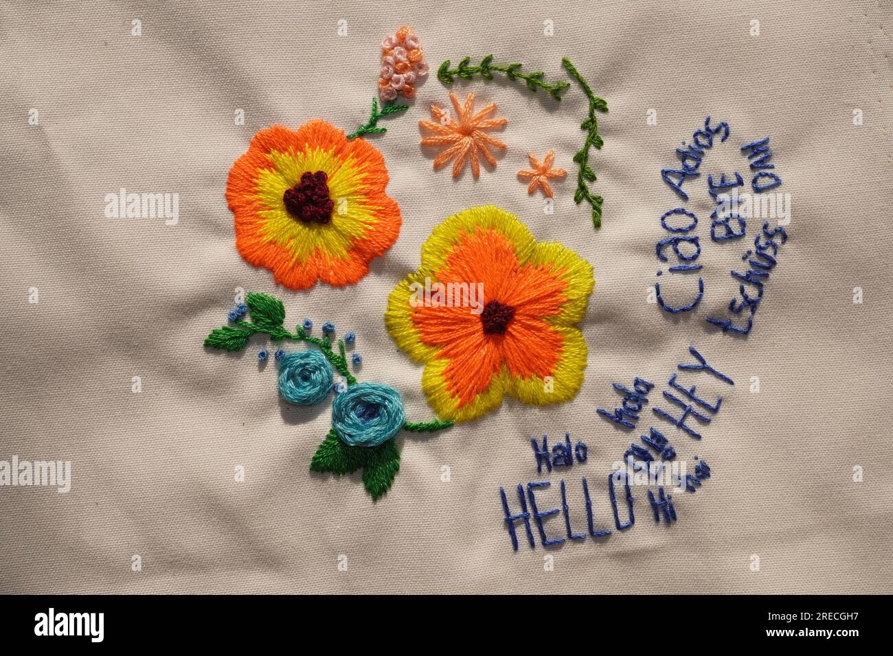 Eine Blumenstickerei mit Buchstaben auf einem weißen Tuch (hallo und Tschüss in verschiedenen Sprachen). Stickerei für Anfänger. Stockfoto