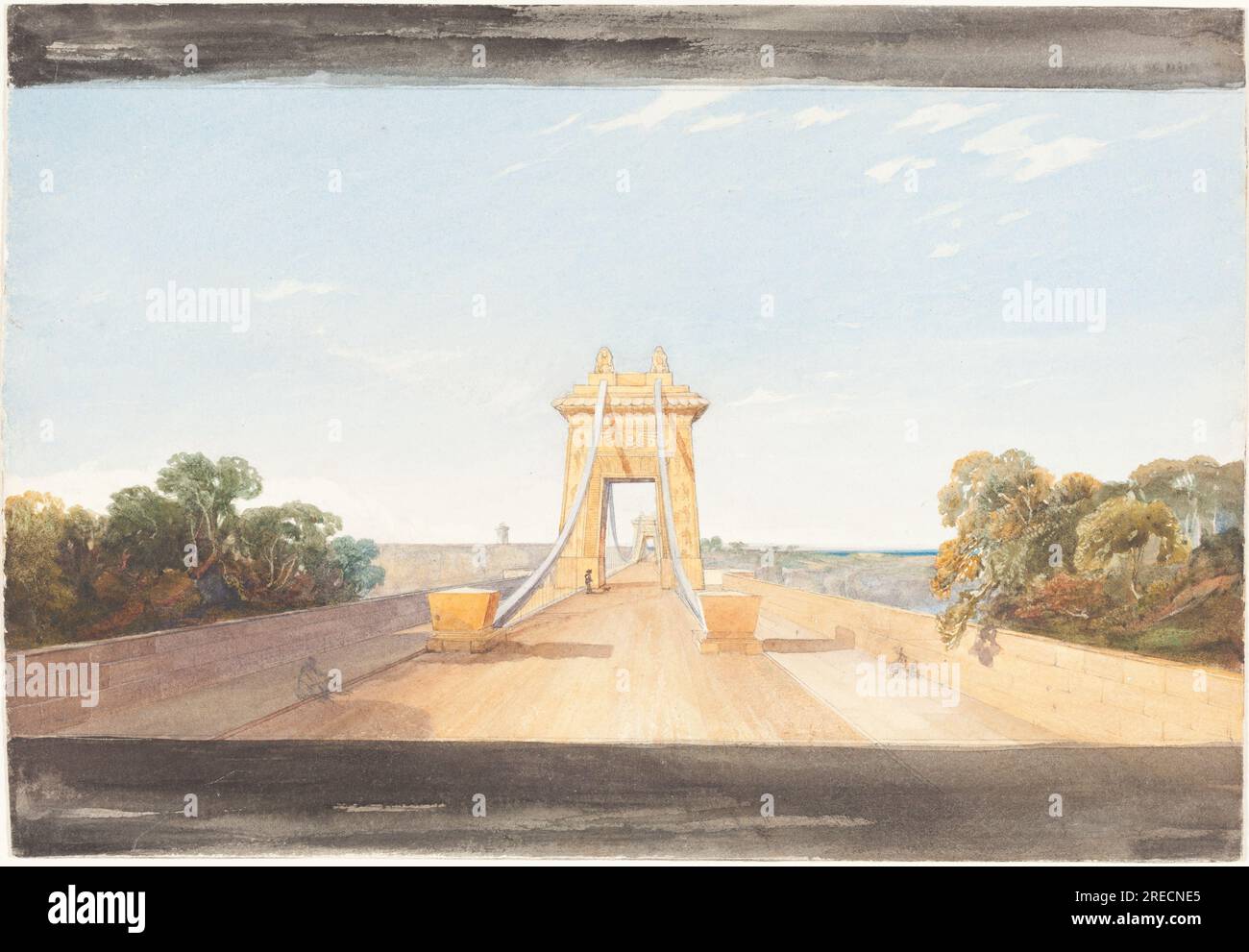 „Zugeschrieben an James Bulwer, Clifton Suspension Bridge bei Bristol, 1827/1833, Aquarell und Graphit, insgesamt (ungefähr): 18,8 x 27,4 cm (7 3/8 x 10 13/16 Zoll), Rosenwald Collection, 1951.16.169“ Stockfoto