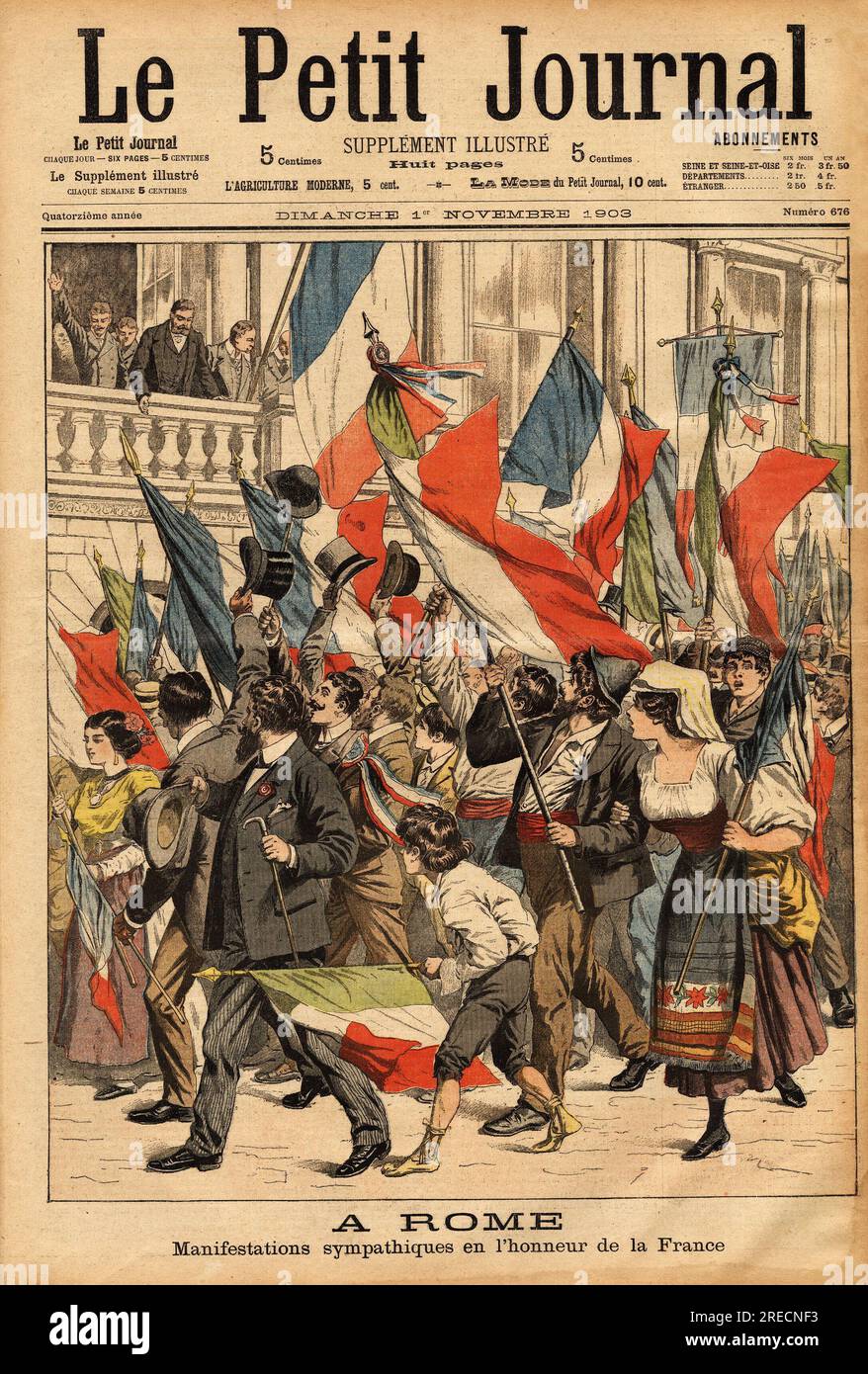 Manifestation de sympathie populaire, a Rome, devant l'ambassade de France, qui recoit le roi d'Italie Victor Emmanuel III (Victor-Emmanuel) (Vittorio Emanuele) (1869-1947) et la reine Helene de Montenegro (1873-1952), Gravure in "Le Petit Journal" 1111903. Stockfoto