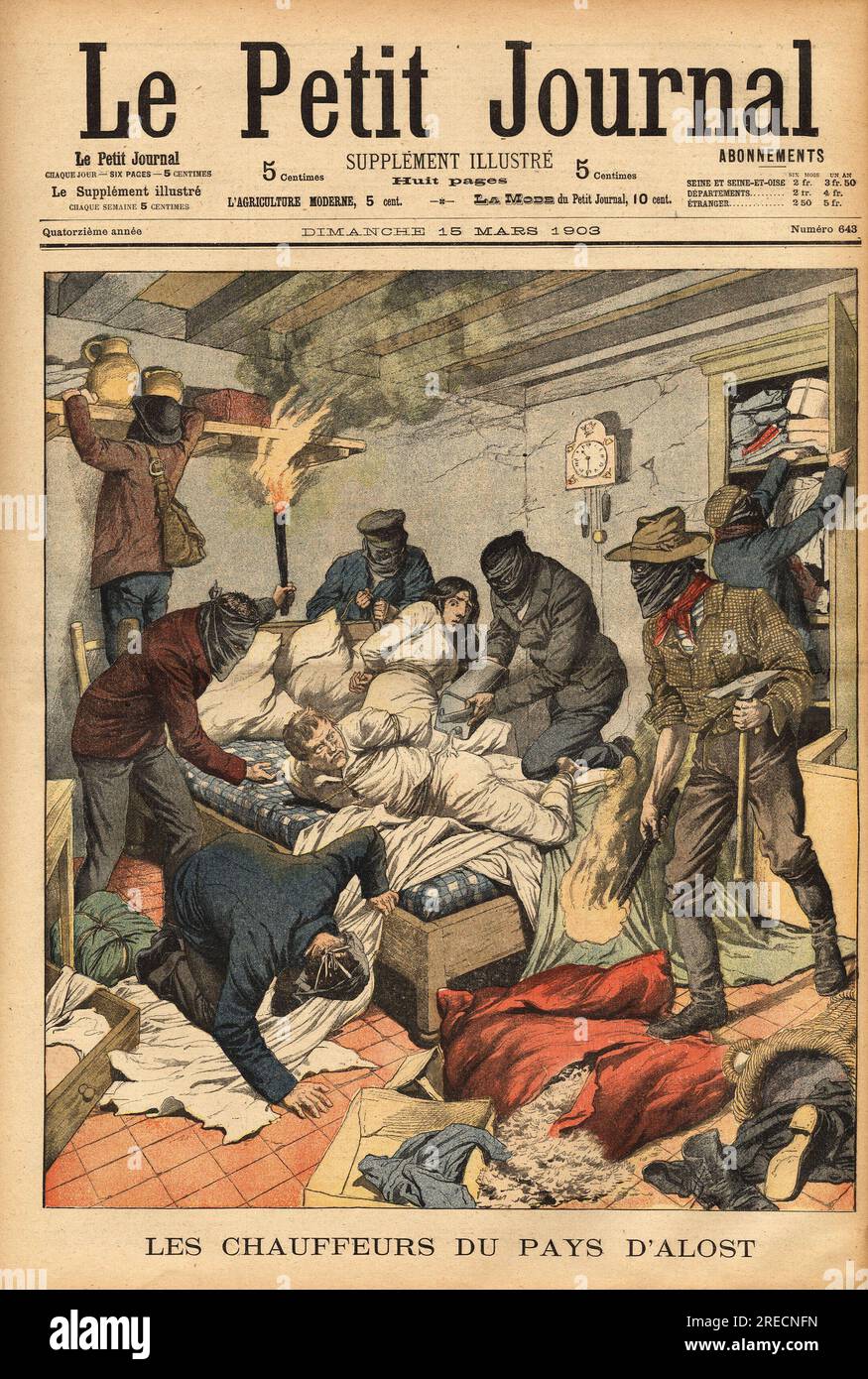 Des malfaiteurs organisiert en Bandes de Six ou sept individus Masques, sevissent dans la Region d'Alost ( Belgique), ils penetrent dans les maisons isolees et apres avoir solidement ligottes les habitants, ils les aspergent de petrole et les enflamment, jusqu'a ce qu'ils revelent l'achent Economies. Gravure in "Le Petit Journal" 1531903. . Stockfoto