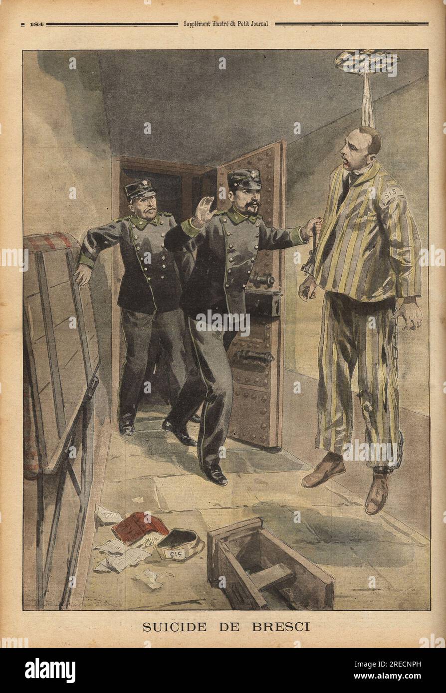 Suicide de Gaetano Bresci (1869-1901), par pendaison dans sa cellule de la prison de Santo Stefano, ou il a ete condamne aux travaux Forces a perpetuite, apres avoir assassine Humbert Ier (1844-1900), roi d'Italie. Gravure in "Le Petit Journal" 961901. . Stockfoto