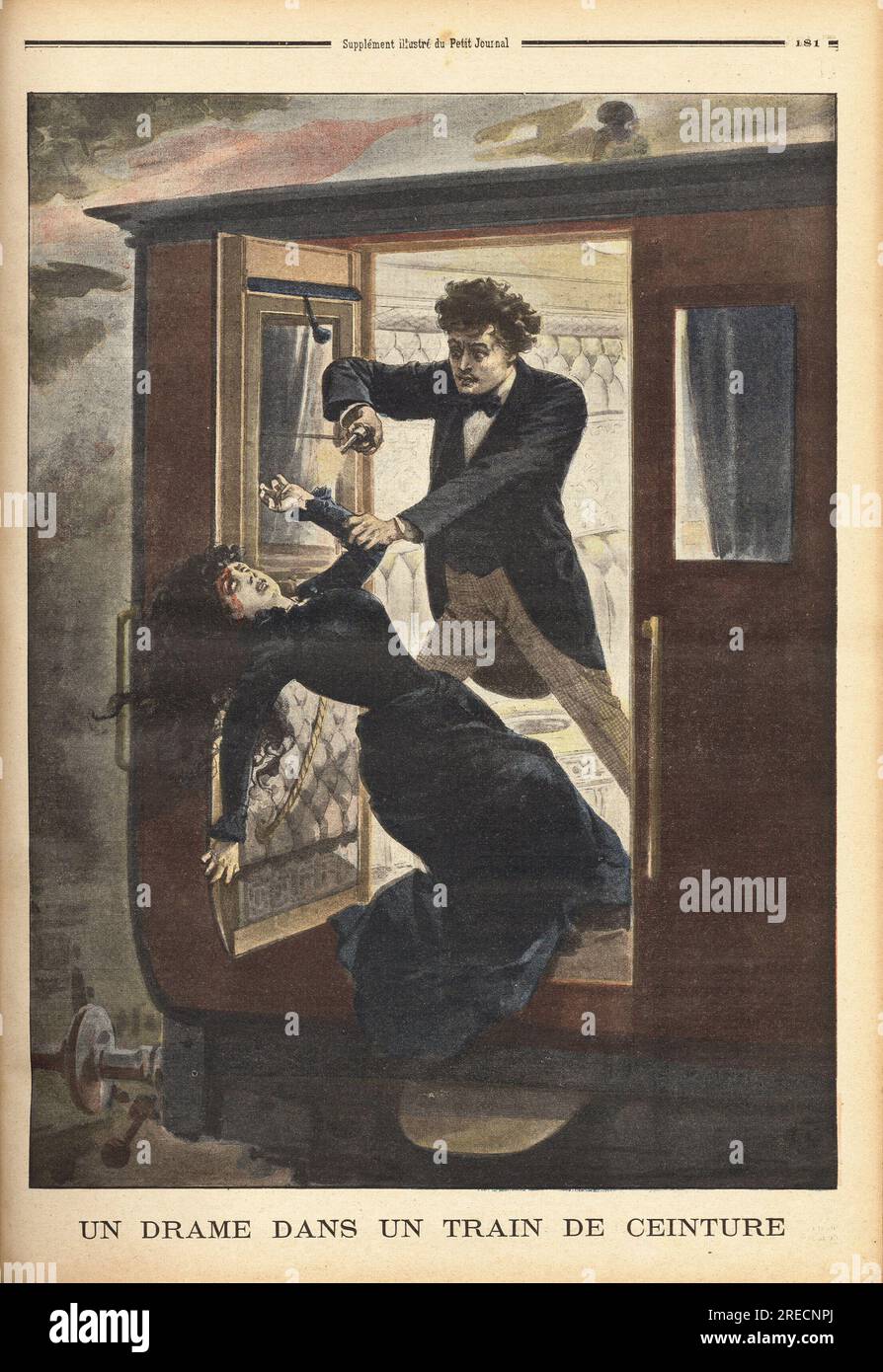Dans un train de la ceinture parisienne, un jeune homme tire deux balles de pistolet dans la TE d'une jeune fille qui refusait ses avances, puis la jette par la portiere du train en marche. Gravure in "Le Petit Journal" 961901. . Stockfoto