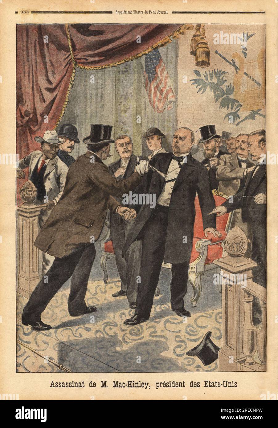 Leon Czolgosz (1873-1901), un anarchiste americain d'origine polonaise, tire deux balles de Revolver dans la poitrine de William McKinley (1843-1901), 25eme President des Etats-Unis d'Amerique, lors de l'exposition panamericaine a Buffalo. Gravure in "Le Petit Journal" 2191901. . Stockfoto