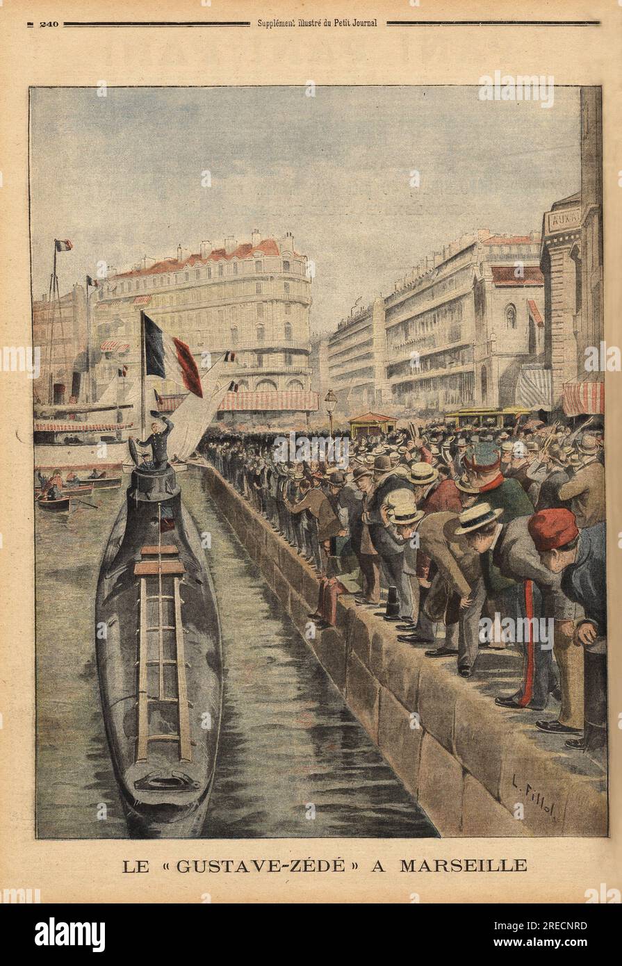 Le sous-Marin Gustave Zede emerge dans le vieux Port de Marseille, apres une serie de manoeuvres qui a debute a Ajaccio. Gravure in "Le Petit Journal" 2871901. . Stockfoto
