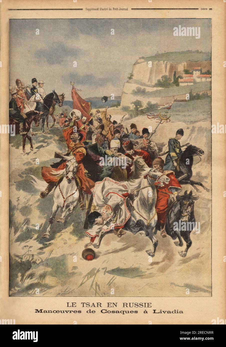 Manoeuvre des Cavaliers cosaques a Livadia ( Russie), sous l'oeil attentif du tzar Nicolas II de Russie(1868-1918) et de son etat major. Gravure in "Le Petit Journal" 2991901. . Stockfoto