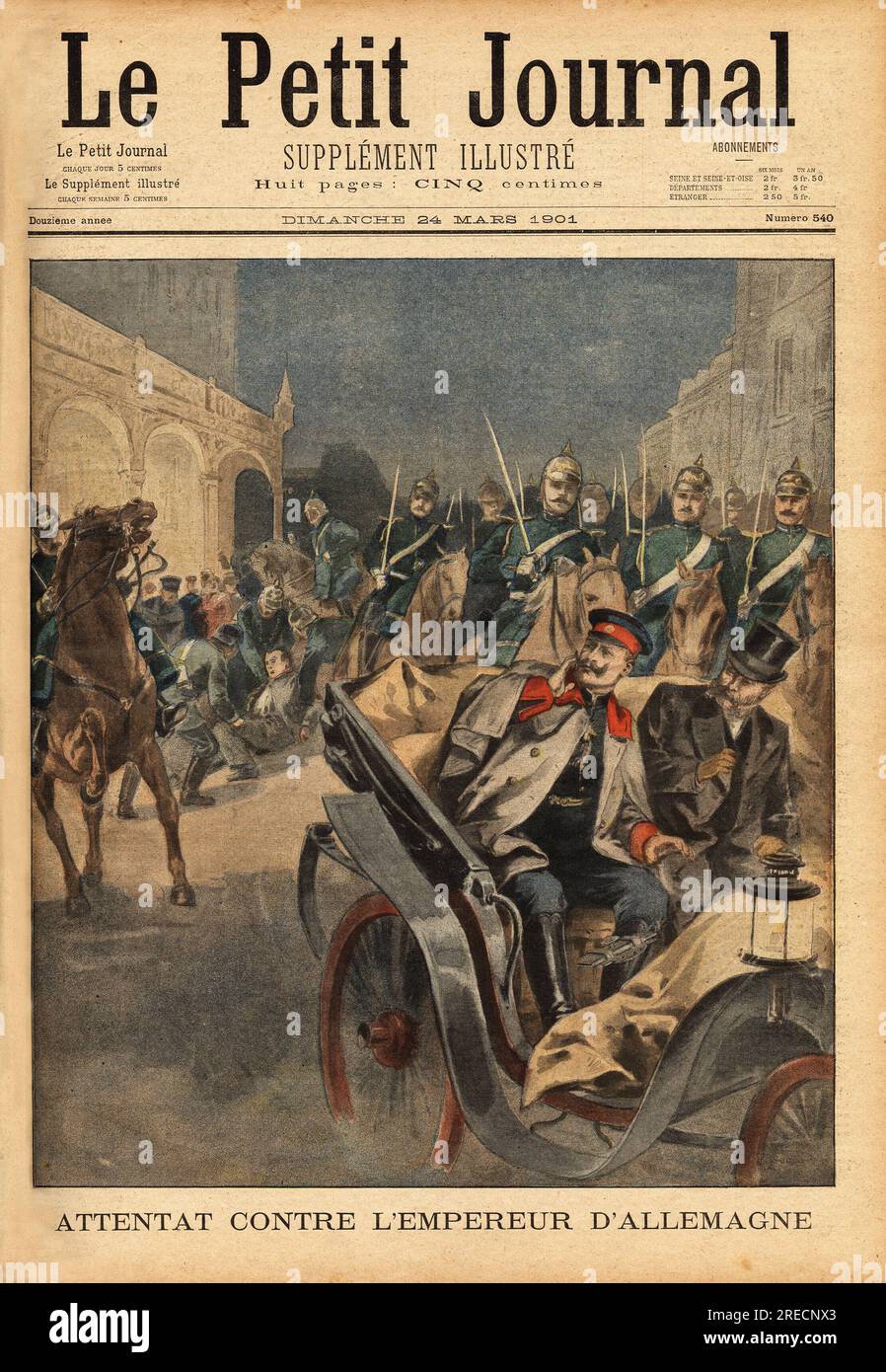 Attentat contre l'Kaiser Allemand Guillaume II ( 1859-1941), blesse au visage par un projectile, la blessure est sans gravite et le coupable a ete immediately arrete . Gravure in "Le Petit Journal" 2431901. . Stockfoto