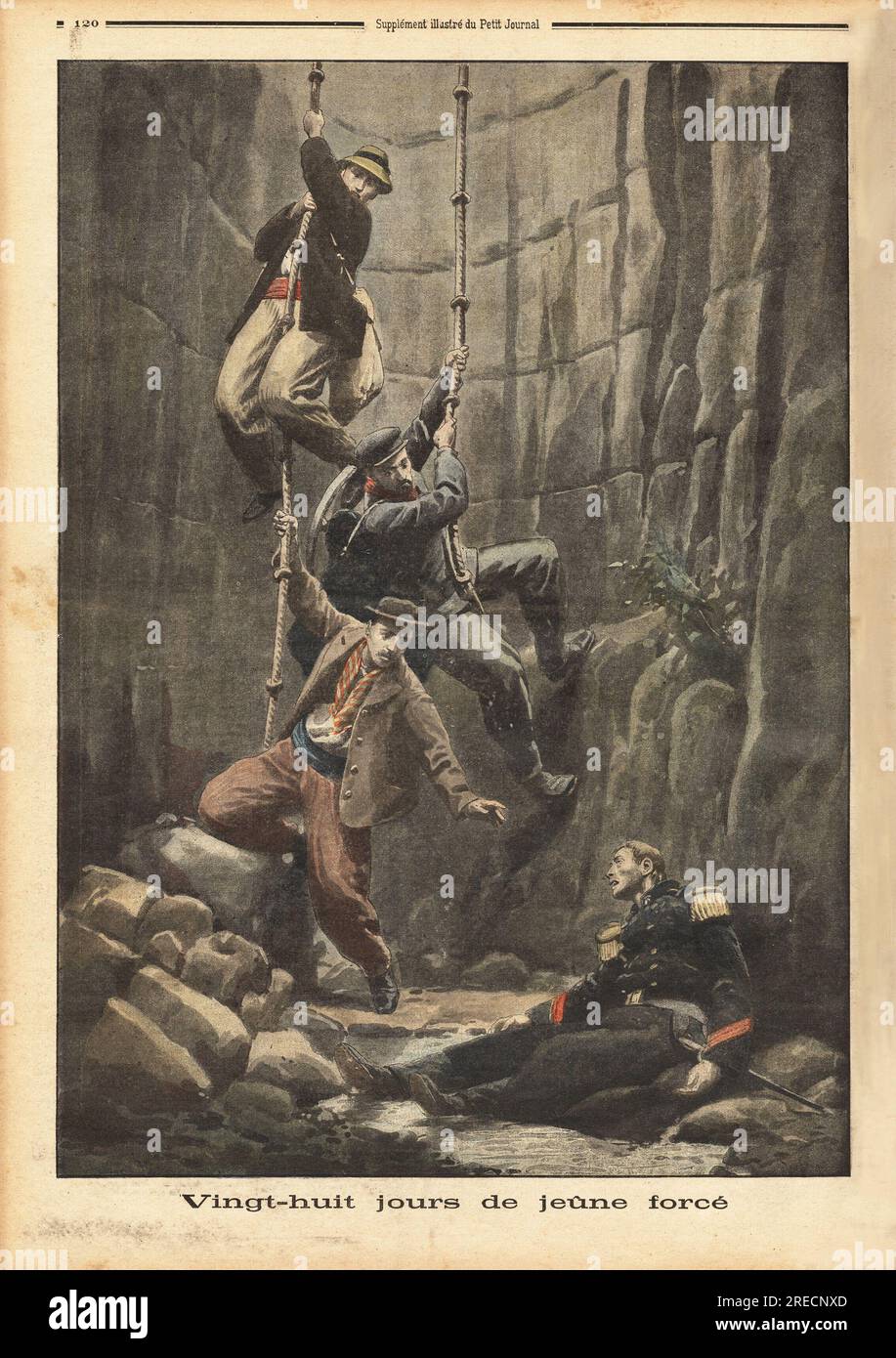 Trois promeneurs suspendus a une corde, Descendent au Fond d'un souterrain, pour secourir un caporal tombe au Fond depuis 28 jours, dans la montagne qui longe la Route de Saint Marc au Gaz, Pres de Brest. Gravure in "Le Petit Journal" 1441901. . Stockfoto