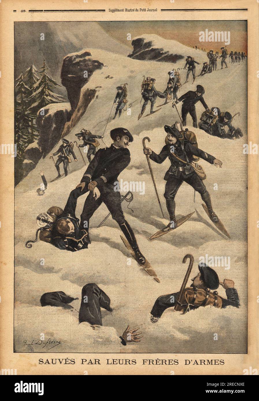 Les chasseurs alpins au secours d'une autre compagnie, Emporee par une Lawinche, dans le massif de l'Authion. Gravure in "Le Petit Journal" 1021901. . Stockfoto Les chasseurs alpins au secours d'une autre compagnie, Emporee par une Lawinche, dans le massif de l'Authion. Gravure in "Le Petit Journal" 1021901. . Stockfoto