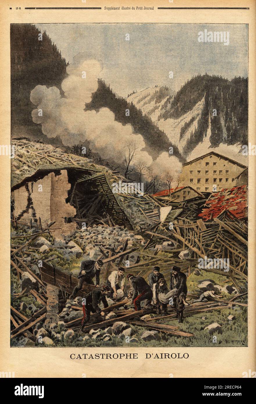 Katastrophe a Airolo (Dorf des Alpes suisses), le Rocher de Sasso Rosso s'est detache de la montagne, la majeure partie du Village a ete rasee dans l'eboulement et d'autres batiments ont pris feu. Gravure in "Le Petit Journal" 1511899. . Stockfoto