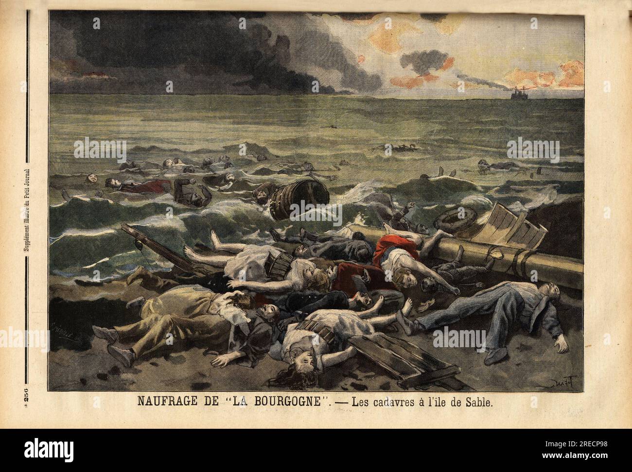 Amoncellement des cadavres des naufrages du navire La bourgogne, sur l'ile de Sable, au nord ouest d'Halifax. Gravure in "Le Petit Journal" 781898. . Stockfoto