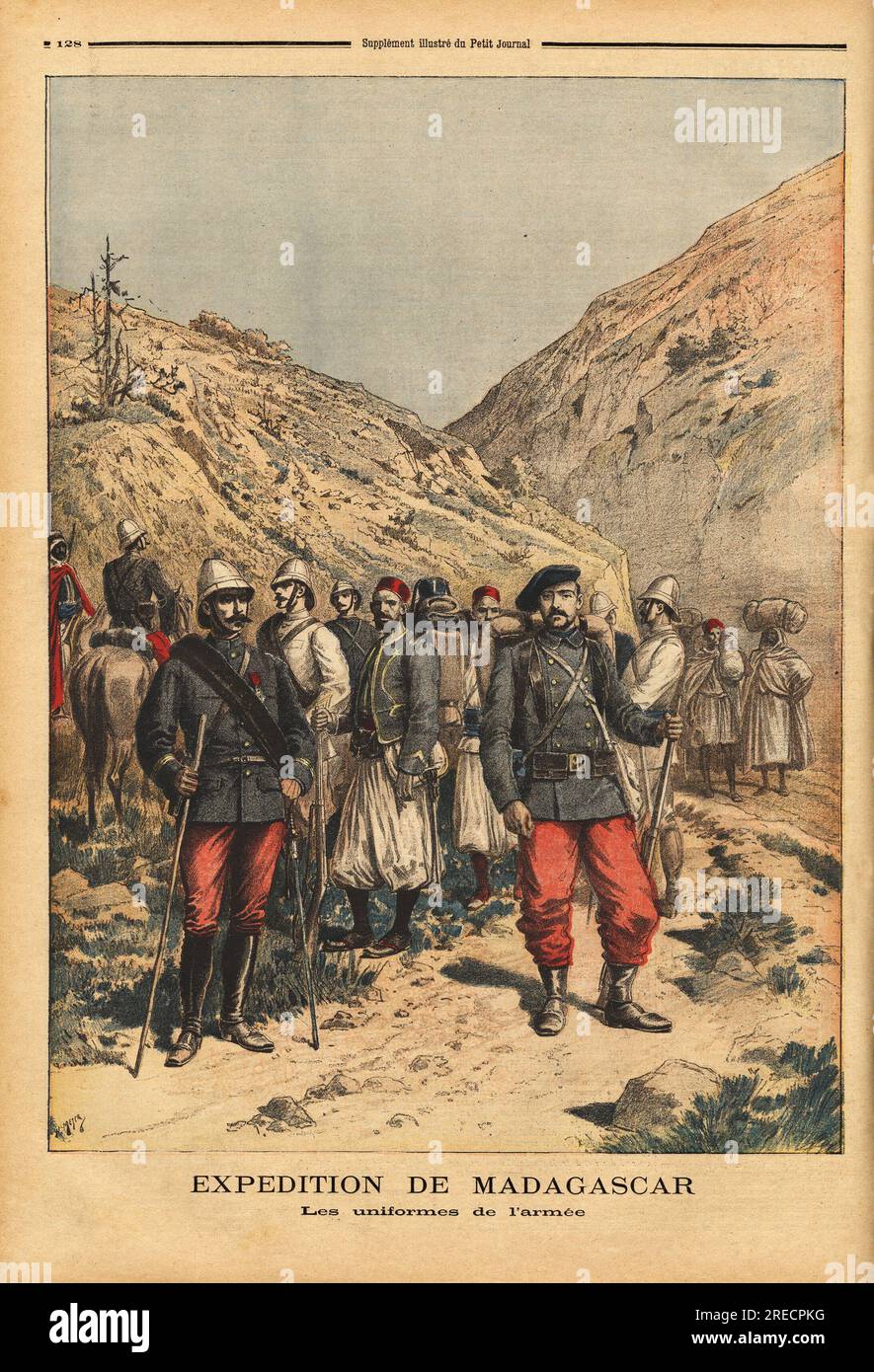 Les uniformes de l'Armee, Tenue de campagne pour l'Expedition de Madagaskar. Gravure in "Le Petit Journal" 21041895. Stockfoto