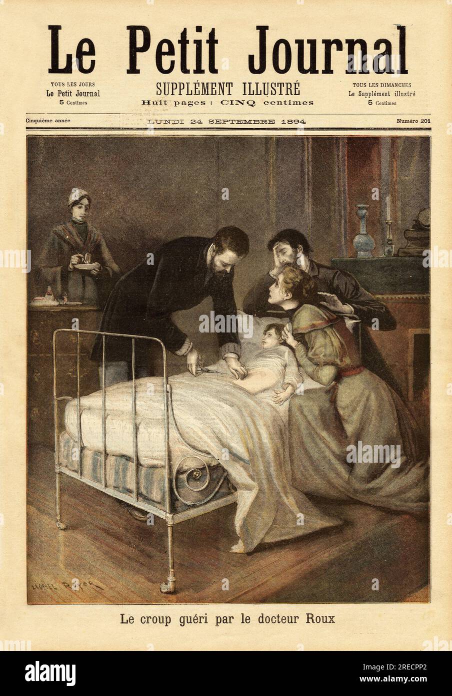 Le docteur Emile Roux (1853-1933), medecin bacteriologiste, Collaborateur de Louis Pasteur (1822-1895), qui met au Point le vaccin contre le croup ( Komplikation de la rougeole chez l'enfant). Gravure in "Le Petit Journal" 24091894. Stockfoto