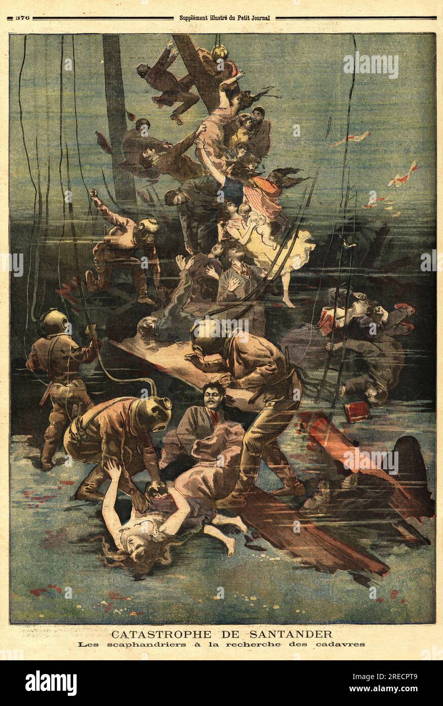 Les scaphandriers a la recherche des cadavres des navires cabo machichaco et Alphonse III, qui ont explose dans le Port de Santander (Espagne). Gravure in "Le Petit Journal" 1893. Stockfoto