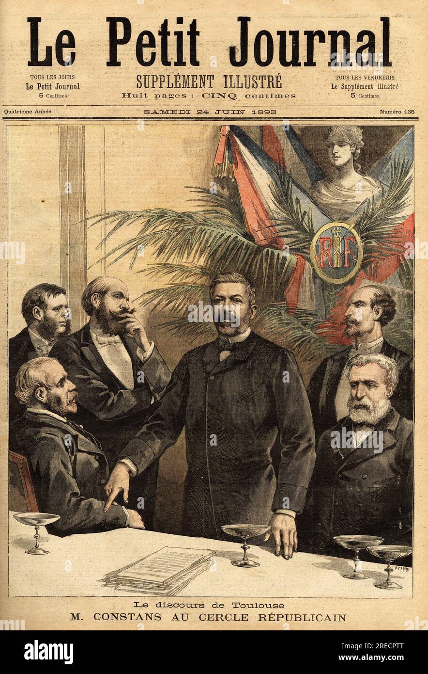 Portrait d'Ernest Constans (1833-1913) au cercle republicain, professeur de droit puis homme politique , il fut ministre de l'interieur a plusieurs reprises et le Premier gouverneur de l'Indochine, sous protectorat francais. Gravure in "Le Petit Journal" 24061893. Stockfoto