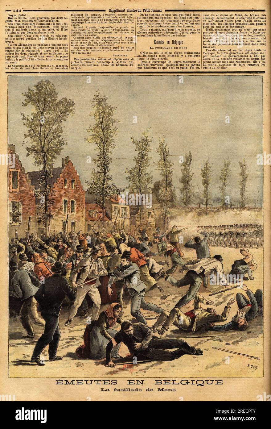 La Garde Civique Tire sur la foule en emeute, Reclamant le Suffrage Univerel, A Mons, Belgique. Gravure in "Le Petit Journal" 6041893. Stockfoto