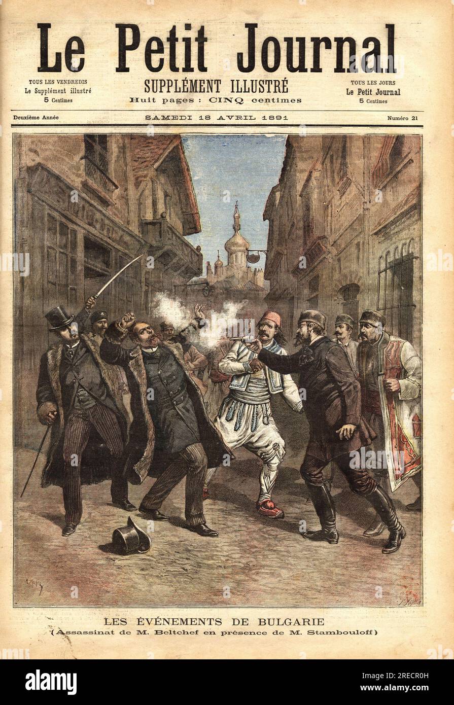 A la sortie d'un conseil des ministres, le Premier ministre M.Stambouloff (ou Stamboulov) accompagne du ministre des finances M. Beltchef, sont victimes d'un attentat dans les rues de Sofia (Bulgarie), par des partisans du major Panitza, fusille 28 juverin bulgar le nepar le. Gravure in "Le Petit Journal" 18041891. Stockfoto