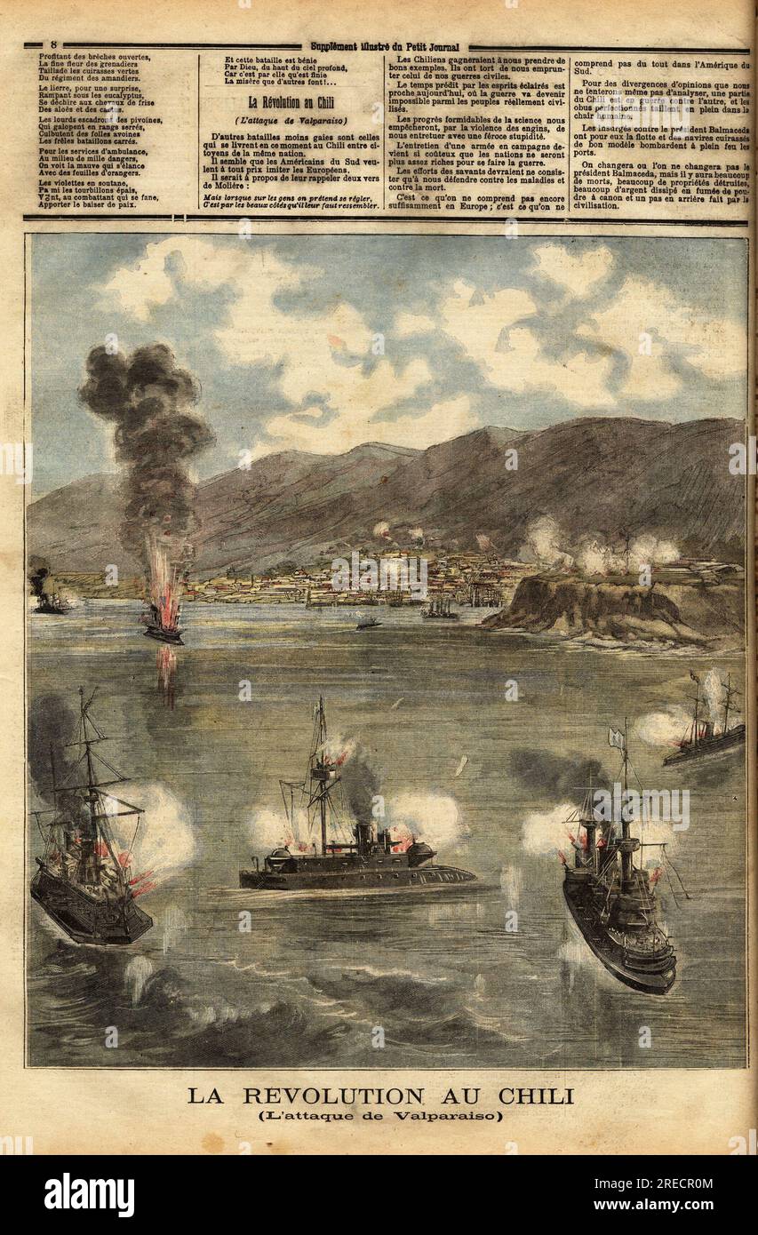 Le Chili, en pleine guerre civile, peu apres avoir gagne son Independent, les navires cuirasses des insurges, appeles congressistes, bombardent les Ports chiliens, pour lutter contre l'influence et la politique du President Jose Manuel Balmaceda (1840-1891). Gravure in "Le Petit Journal" 13061891. Stockfoto