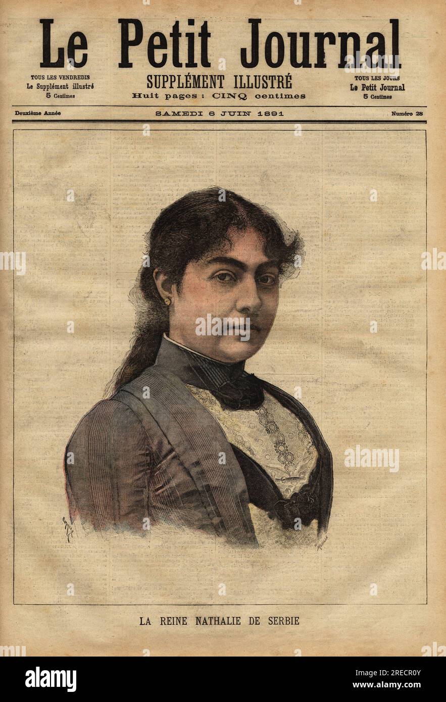 Portrait de la reine Nathalie de Serbie, (1859-1941), nee Ketchko, epouse de Milan IV Obrenovic, roi de Serbie sous le nom de Milan Ier (1854-1901). La reine Nathalie, regente depuis l'abdication de Milan Ier en 1889, est envoyee en Exil en 1891, par son fils Alexandre Ier de Serbie (1876-1903). Gravure in "Le Petit Journal" 6061891. Stockfoto