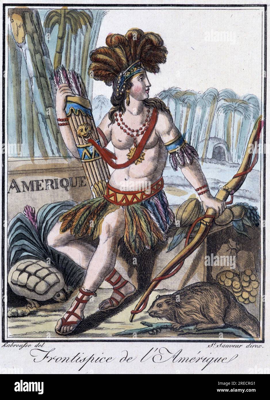 Frontispice de l'Amerique - in 'Encyclopedie de Voyages' par Grasset St Sauveur, Hrsg. 1796. Stockfoto