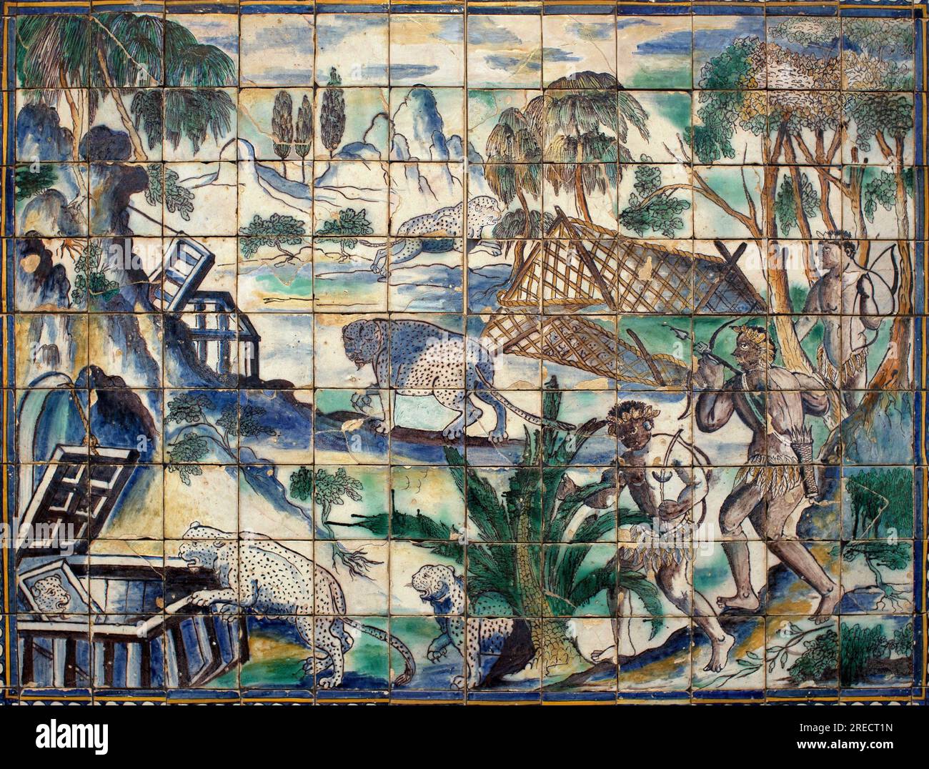 Scene de chasse aux fauves en Afrique - Azulejos, Panneau vers 1650 (Jagdszene in Afrika, Fliesenbrett, ca. 1650) - Musée national des azulejos, Lisbonne (Portugal) Stockfoto