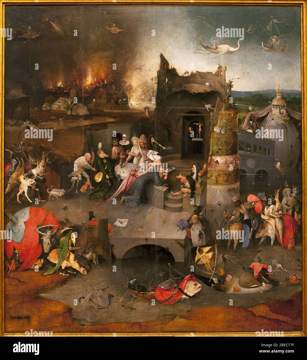 Triptyque des tentations - Partie centrale: la tentation de Saint Antoine le Grand (ou Saint Antoine l'ermite ou Saint Antoine l'abbe. Peinture de Hieronymus Van Aeken (Aken) dit Jerome Bosch (1450-1516), huile sur bois, vers 1500 (Triptych of the Temptations od St. Anthony Abbot, by Jheronimus Bosch, Oil on Panel, circa 1500 - Musee des Arts Antiques de Lisbonne (Portugal) Stockfoto Triptyque des tentations - Partie centrale: la tentation de Saint Antoine le Grand (ou Saint Antoine l'ermite ou Saint Antoine l'abbe. Peinture de Hieronymus Van Aeken (Aken) dit Jerome Bosch (1450-1516), huile sur bois, vers 1500 (Triptych of the Temptations od St. Anthony Abbot, by Jheronimus Bosch, Oil on Panel, circa 1500 - Musee des Arts Antiques de Lisbonne (Portugal) Stockfoto