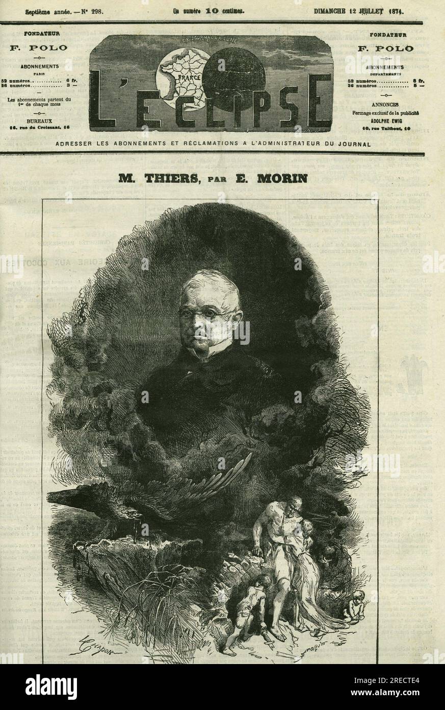 Portrait d'Adolphe Thiers (1797-1877), homme politique francais. Couverture in 'L'Eclipse', Par E. Morin, le 12 juillet 1874. Stockfoto
