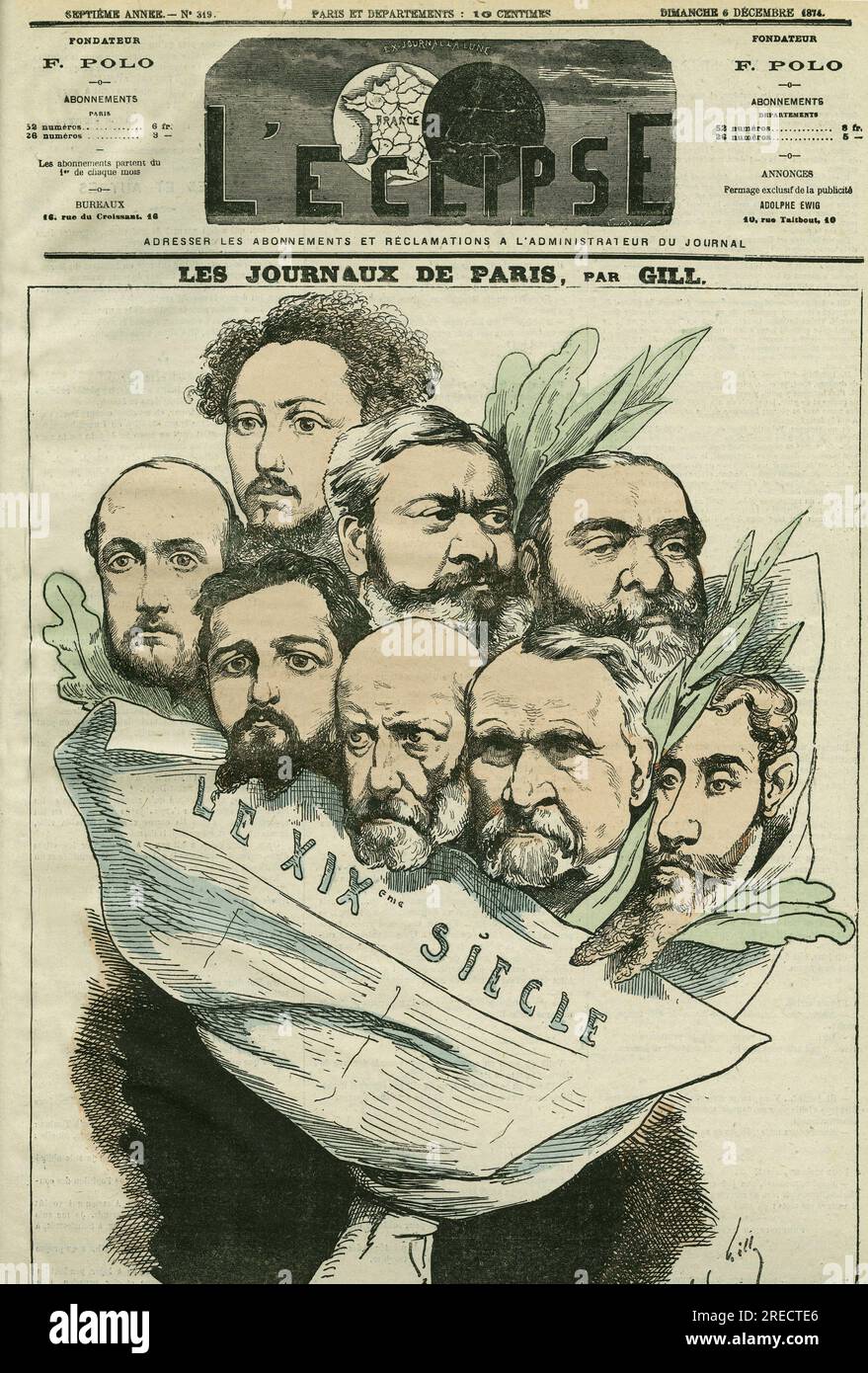 Caricature de l'equipe du Journal 'Le XIXe siecle', dirige par Edmont Apropos (1828-?), homme de lettres francais. Couverture in 'L'Eclipse' par Gill, le 6 Dez. 1874, Paris. Stockfoto