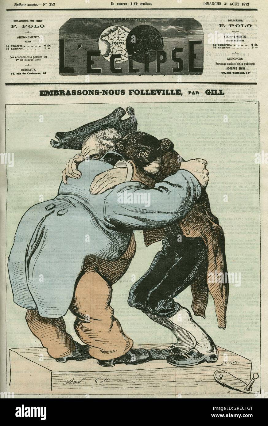 Karikatur 'Embrassons-nous Folleville', vaudeville d'Eugene Labiche (1815-1888) et Auguste Lefranc (1814-1878). Couverture in 'L'Eclipse', Par Gill, le 31 aout 1873, Paris. Stockfoto