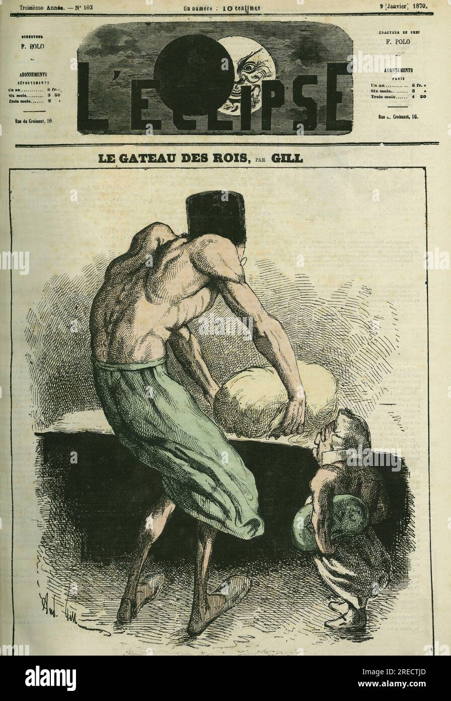 "Le gateau des rois", l'un petri la Pate, l'autre tient la feve. Couverture in 'L'Eclipse' par Gill, le 9 janvier 1870. Stockfoto