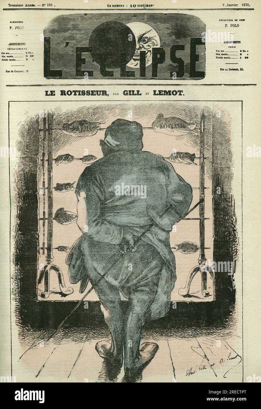"Le rotisseur", sur les volailles sont inscrits les mots "universel" oder "Seil" . Couverture in „L'Eclipse“, Par Gill et Lemot, le 9 janvier 1870, Paris. Stockfoto