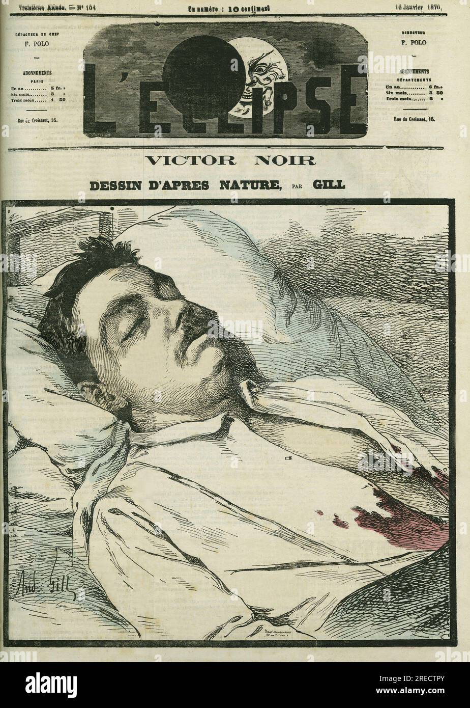 Yvan Salmon dit Victor Noir (1848-1870), Journal a la 'Marseillaise', il fut assassine par Pierre Bonaparte. Couverture in „L'Eclipse“, Par Gill, le 16, janvier 1870, Paris. Stockfoto