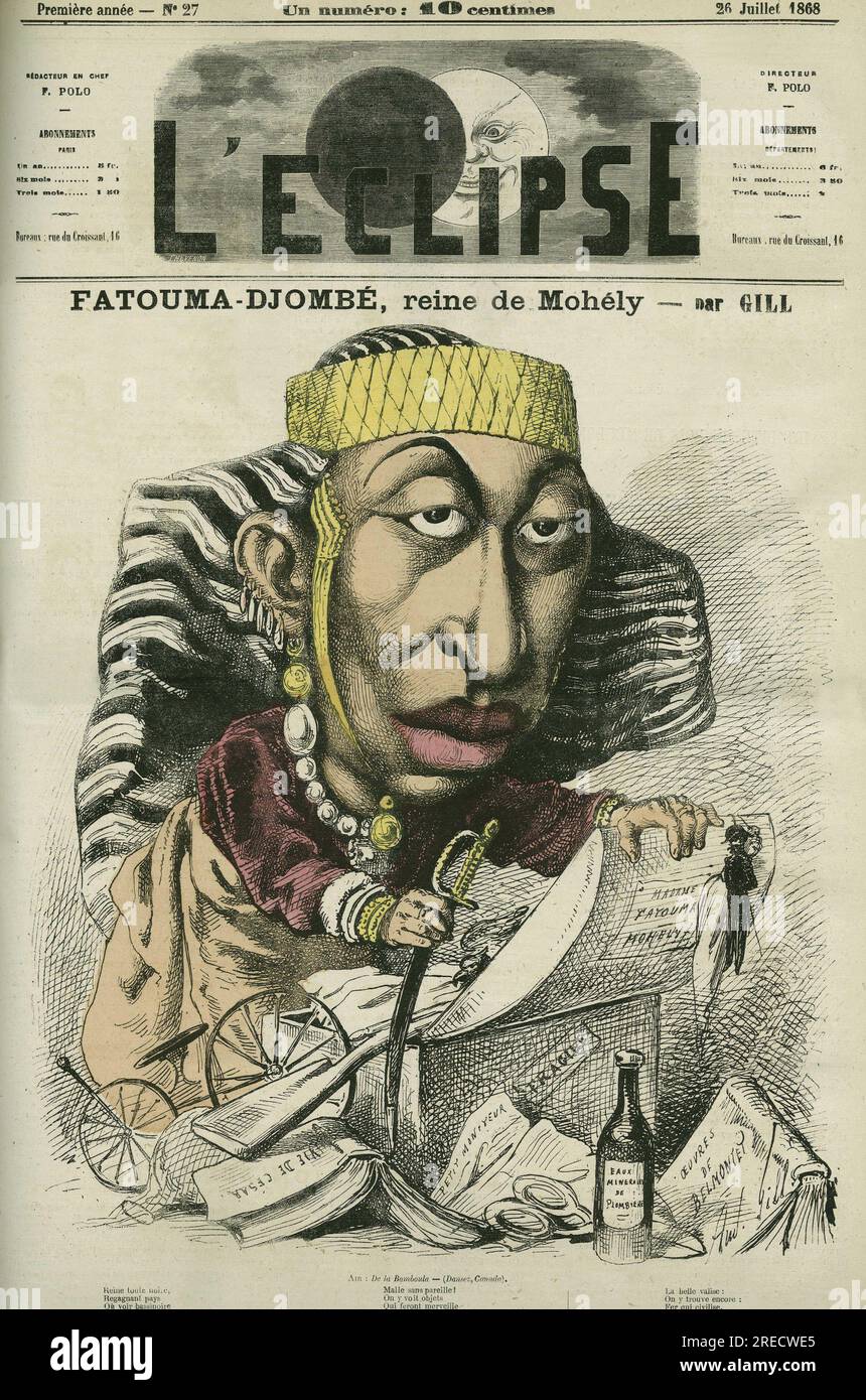 Zombe-Fatoum (Zombe Fatoum) (1836-1878), reine de Moheli dans les Comores, en visite en France en 1868. Elle est aussi appelee Djombe-Fatouma (Djombe-Fatouma) ou Djoumbe Fatouma (Djoumbe-Fatouma) ou Djoumbe Fatima (Djoumbe-Fatima). Couverture in 'L'Eclipse', Par Gill, le 26 juillet 1868, Paris. Stockfoto