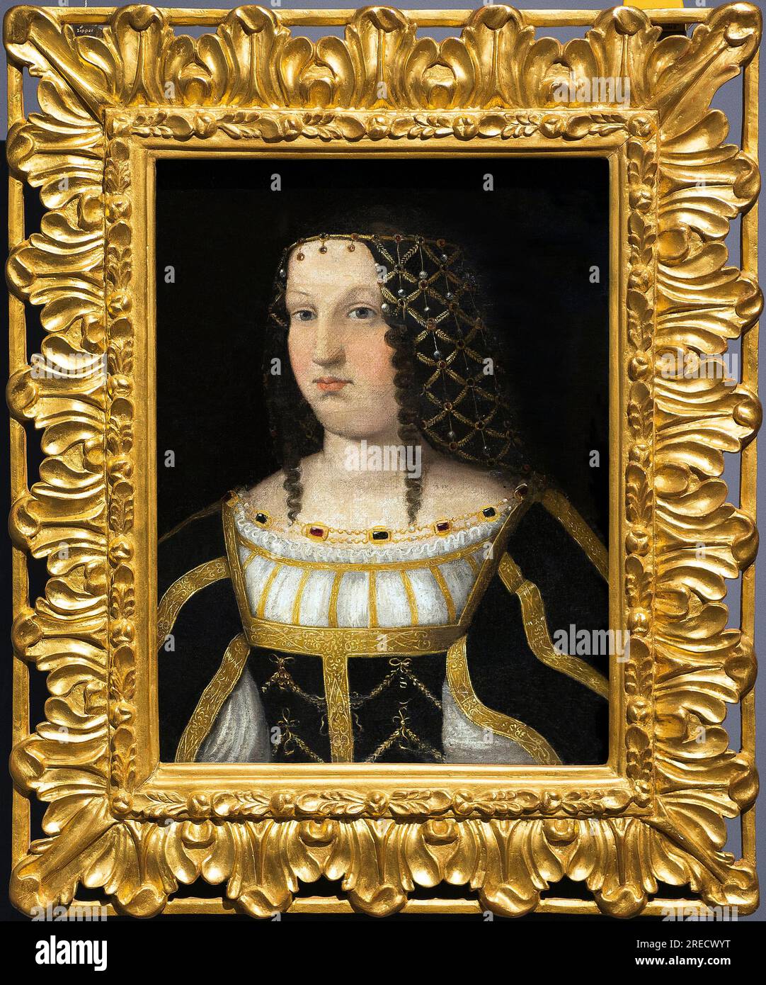 Portrait de Lucrezia Borgia (Lucrece Borgia) (1480 - 1519) - D'apres Bartolomeo Veneto (1502 - 1555): Portrait presume de Lucrece Borgia (1510) - Huile sur bois 58 x 42 cm - Nimes musee des Beaux-Arts Stockfoto