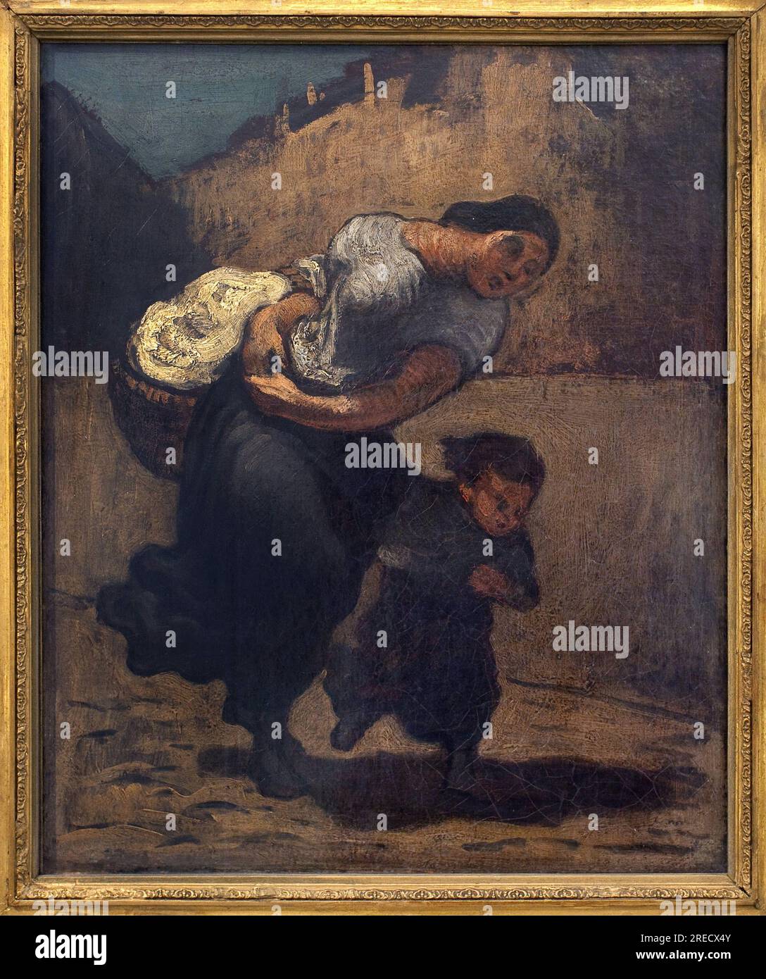 L'orage (la lavandiere) Une femme tenant un panier Court avec un enfant, sans doute pour se proteger de la pluie. Oeuvre de Honore Daumier (1808-1879), huile sur Carton, 1853. Art francais, 19e Siecle. Palais Veletrzni (palais des Foires), Prag (republique tcheque). Stockfoto