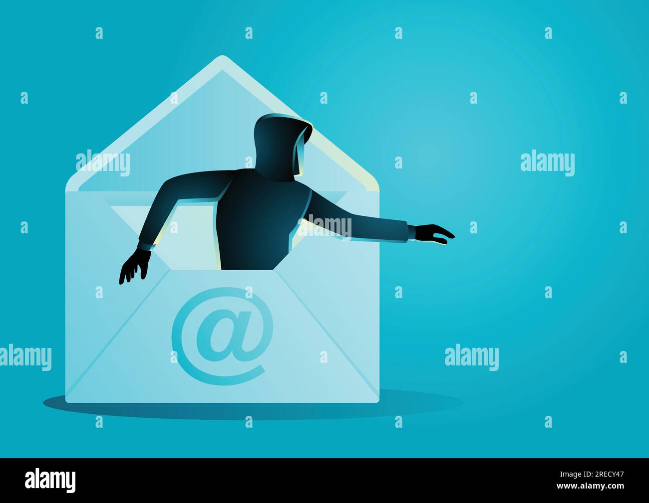 Konzeptdarstellung eines Hackers kommt aus dem Umschlag. Phishing-E-Mail, Spam, Malware-Konzept Stock Vektor
