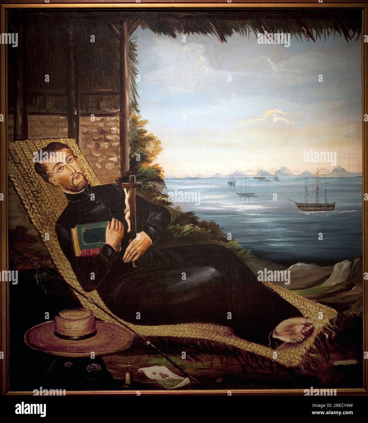 Saint Francois Xavier se Reposant devant la baie de hong kong (Chine). Peinture de l'Atelier de Hong Kong, huile sur toile, vers 1850. Musée de Port Louis. Stockfoto Saint Francois Xavier se Reposant devant la baie de hong kong (Chine). Peinture de l'Atelier de Hong Kong, huile sur toile, vers 1850. Musée de Port Louis. Stockfoto