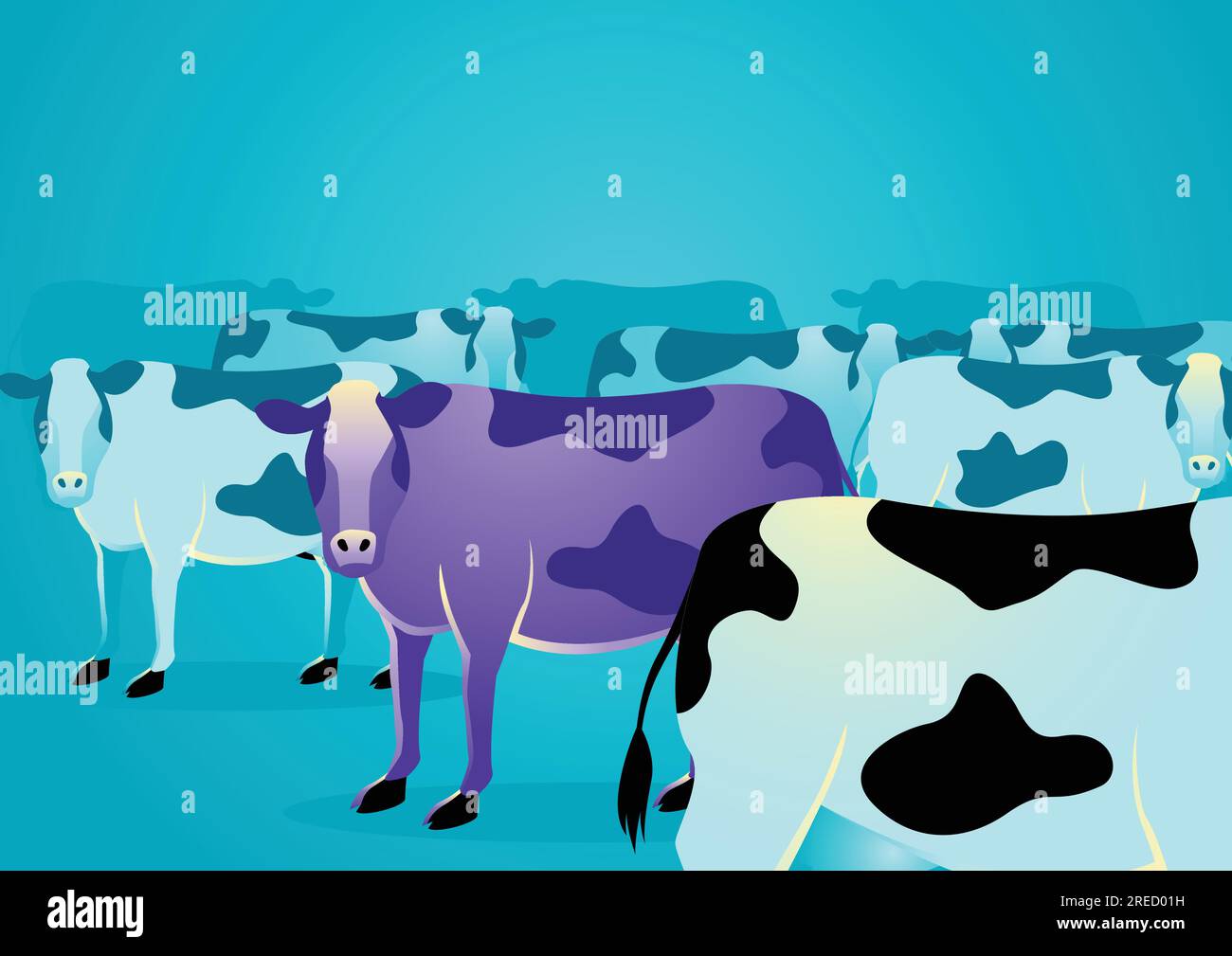 Geschäftskonzept Vektor Illustration einer lila Kuh unter normalen Kühen, Marketing-Konzept, das besagt, dass Unternehmen müssen Dinge bauen wert notic Stock Vektor