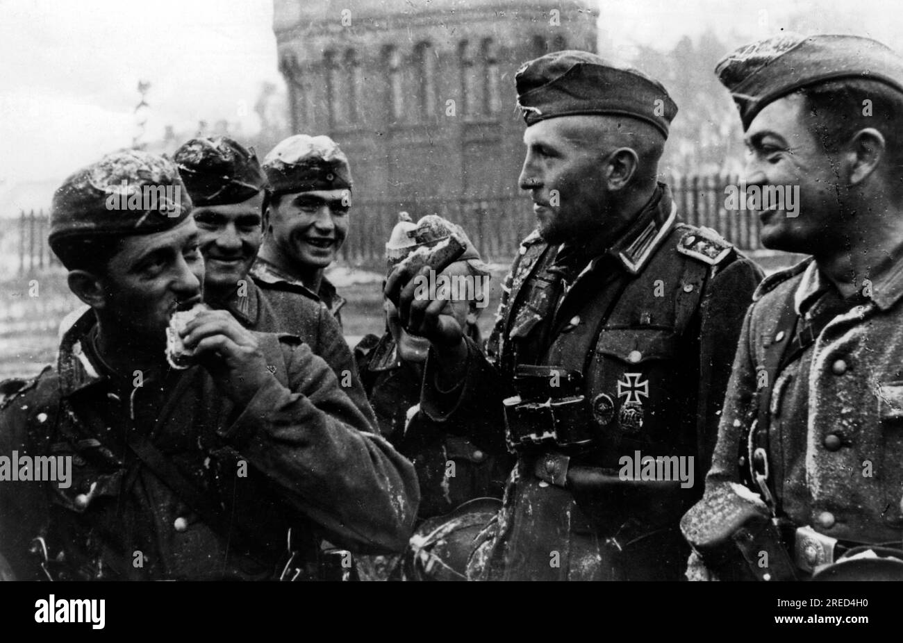 Deutsche Soldaten essen während einer marschpause in der Süd-Ukraine. Der erste Feldwebel rechts trägt das Abzeichen der Verwundeten zusätzlich zum Eisernen Kreuz der Klasse I. Foto: Hähle. [Maschinelle Übersetzung] Stockfoto