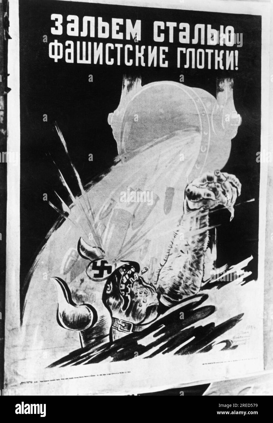 Russische Propaganda: Rüstungsbemühungen besiegen die Nazi-Bestie. Poster im südlichen Teil der Ostfront. Foto: Funck [automatisierte Übersetzung] Stockfoto