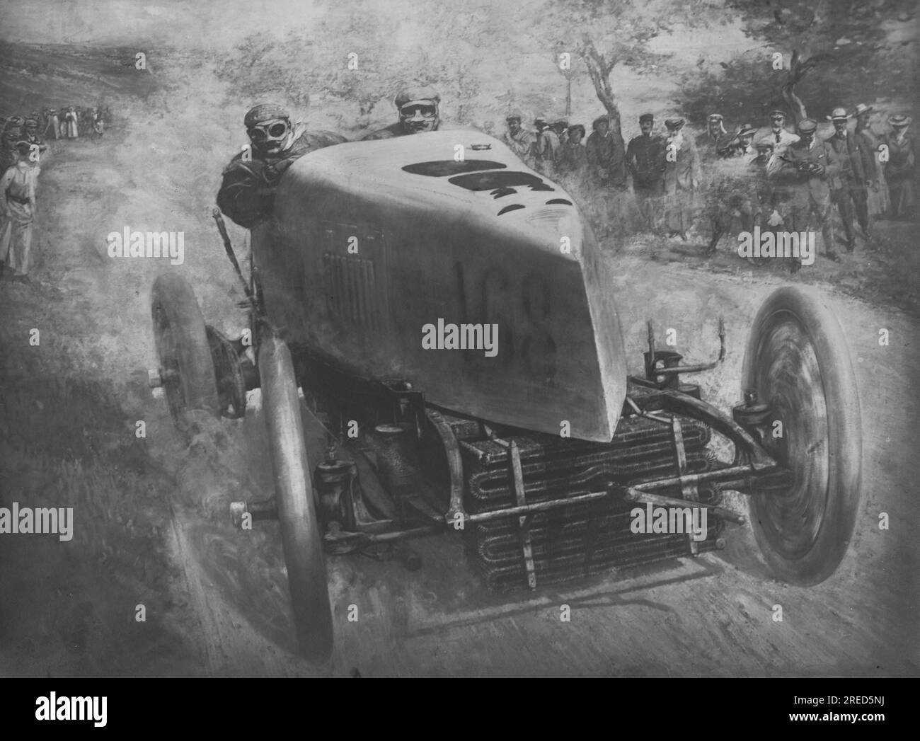 Französischer Rennfahrer Fernand Gabriel im Auto Automobiles Mors auf der Fernstrecke Paris Madrid. Malerei von H. Chr. Willims. [Maschinelle Übersetzung] Stockfoto